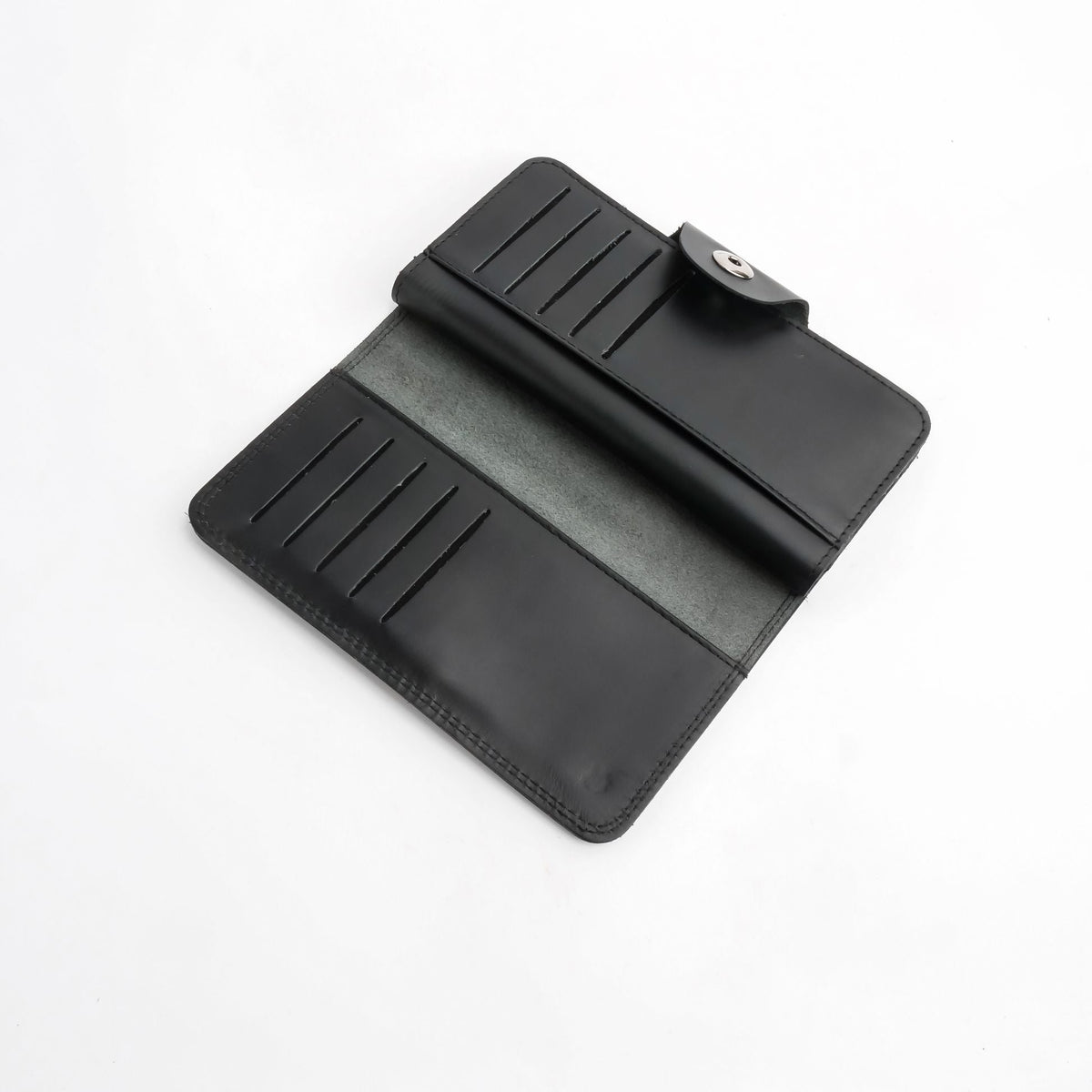 Tri-Fold Pure Leather Long Wallet With Button Closure-BLACK