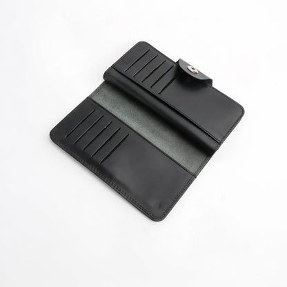 Tri-Fold Pure Leather Long Wallet With Button Closure-BLACK