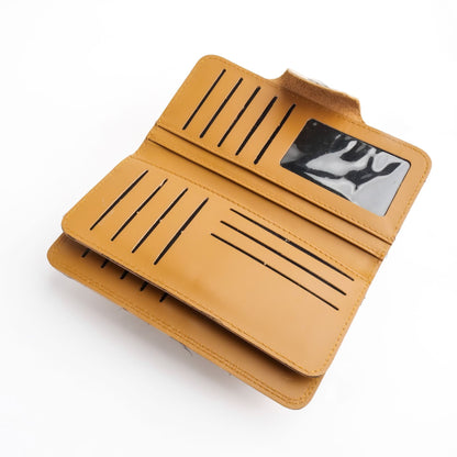 Tri-Fold Pure Leather Long Wallet With Button Closure-CAMEL BROWN