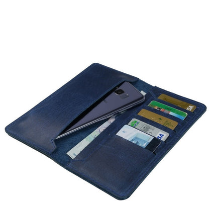 Genuine Vintage Leather Travel Mobile Long Wallet BLUE BERRY